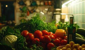 AI generated Fresh vegetables on the table in the kitchen. Healthy food concept. photo