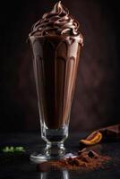 AI generated chocolate milkshake with a straw on a dark background photo