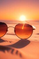 ai generado Gafas de sol en el playa con azul cielo y Oceano foto