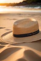 ai generado un Paja sombrero se sienta en el arena en el playa. foto