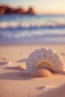 AI generated a shell on the sand with waves in the background photo