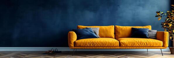 AI generated An elegantly styled modern living room featuring a bold yellow couch against a deep blue textured wall, accented with stylish pillows and a wooden herringbone floor. photo