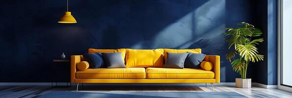 AI generated Modern Living Room with Navy Blue Walls and a Vibrant Yellow Sofa photo