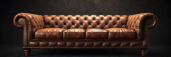 ai generado un lujoso marrón cuero sofá sofá, detallado con cabeza de clavo podar y felpa cojines, evoca un sentido de aristocrático encanto y comodidad. foto