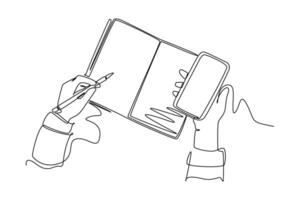 One continuous line drawing of smartphone concept. Doodle vector illustration in simple linear style.