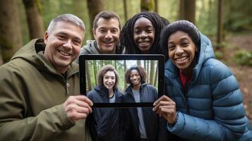 ai generado de grupo vídeo llamada en un tableta conjunto en contra remoto trabajo oportunidades, ai generado. foto