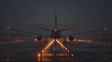 ai generado el avión es aterrizaje a el aeropuerto a noche foto