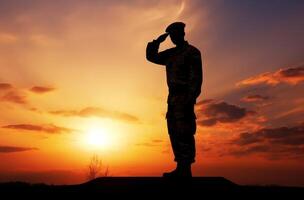 AI generated Silhouette of a soldier salutes at sunset photo