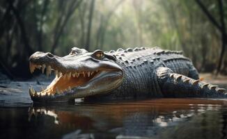 ai generado un cocodrilo apertura sus boca con un agua bosque antecedentes foto