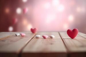 AI generated Close up of red hearts on wooden table against defocused lights photo