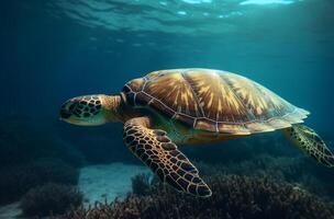 ai generado mar Tortuga submarino nadando en el azul mar. vívido azul Oceano con tortuga. escafandra autónoma buceo con salvaje acuático animal. foto