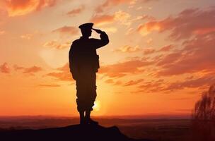 AI generated Silhouette of a soldier salutes at sunset photo