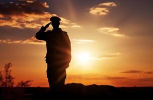 AI generated Silhouette of a soldier salutes at sunset photo