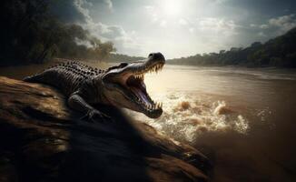 AI generated A crocodile opening its mouth with a water forest background photo