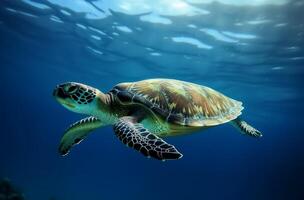 ai generado mar Tortuga submarino nadando en el azul mar. vívido azul Oceano con tortuga. escafandra autónoma buceo con salvaje acuático animal. foto