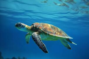 ai generado mar Tortuga submarino nadando en el azul mar. vívido azul Oceano con tortuga. escafandra autónoma buceo con salvaje acuático animal. foto