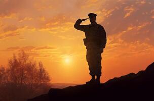 AI generated Silhouette of a soldier salutes at sunset photo