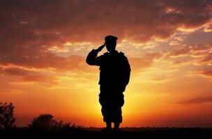 AI generated Silhouette of a soldier salutes at sunset photo