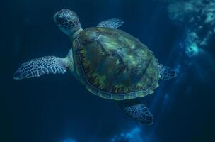 ai generado mar Tortuga submarino nadando en el azul mar. vívido azul Oceano con tortuga. escafandra autónoma buceo con salvaje acuático animal. foto