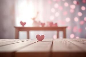 AI generated Close up of red hearts on wooden table against defocused lights photo