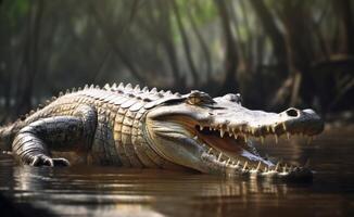 ai generado un cocodrilo apertura sus boca con un agua bosque antecedentes foto