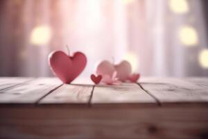 AI generated Close up of red hearts on wooden table against defocused lights photo