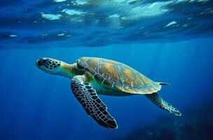 ai generado mar Tortuga submarino nadando en el azul mar. vívido azul Oceano con tortuga. escafandra autónoma buceo con salvaje acuático animal. foto