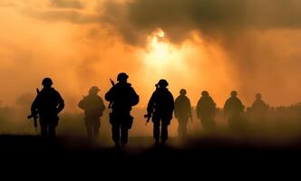 ai generado batalla escena. militar siluetas luchando escena en guerra niebla cielo antecedentes. mundo guerra soldados siluetas abajo nublado horizonte a puesta de sol foto