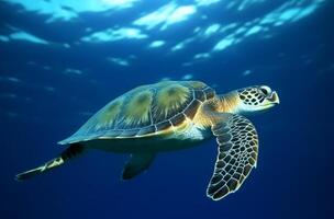 ai generado mar Tortuga submarino nadando en el azul mar. vívido azul Oceano con tortuga. escafandra autónoma buceo con salvaje acuático animal. foto