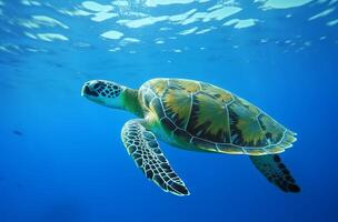 ai generado mar Tortuga submarino nadando en el azul mar. vívido azul Oceano con tortuga. escafandra autónoma buceo con salvaje acuático animal. foto