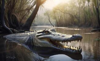 ai generado un cocodrilo apertura sus boca con un agua bosque antecedentes foto