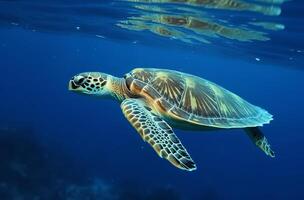 ai generado mar Tortuga submarino nadando en el azul mar. vívido azul Oceano con tortuga. escafandra autónoma buceo con salvaje acuático animal. foto