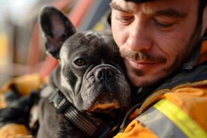 ai generado bombero con un francés buldog, animal rescate foto