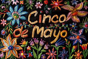 AI generated Cinco de Mayo traditional Mexican embroidery pattern on a black background photo