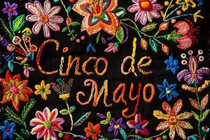 AI generated Cinco de Mayo traditional Mexican embroidery pattern on a black background photo