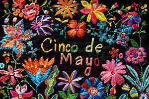 AI generated Cinco de Mayo traditional Mexican embroidery pattern on a black background photo