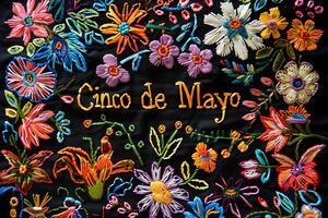 AI generated Cinco de Mayo traditional Mexican embroidery pattern on a black background photo