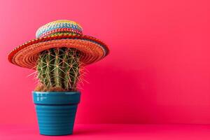 AI generated cactus with a traditional mexican sombrero on a vibrant pink background for Cinco de Mayo photo