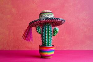 ai generado cactus con un tradicional mexicano sombrero en un vibrante rosado antecedentes para cinco Delaware mayonesa foto