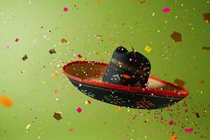 AI generated traditional festive Mexican sombrero on a lime green background with festive flying confetti photo