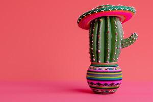 AI generated cactus with a traditional mexican sombrero on a vibrant pink background for Cinco de Mayo photo