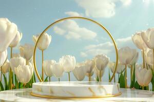 AI generated round luxury marble and gold podium for product promotion with tulips in the background, spring or Easter mockup photo