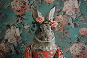 AI generated anthropomorphic easter bunny with a flower crown and a folklore dress, floral background photo