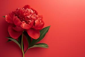 ai generado rojo Perfecto peonía en un rojo antecedentes para madres día foto