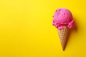 AI generated bold highlighter pink ice cream in a cone on a highlighter neon yellow background photo