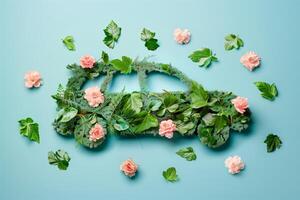 AI generated modern car made of leaves and flowers on a pastel blue background, eco electric car concept photo