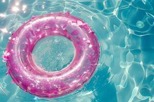 ai generado rosado Brillantina piscina flotador en un hermosa turquesa nadando piscina foto