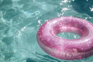 ai generado rosado Brillantina piscina flotador en un hermosa turquesa nadando piscina foto