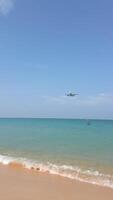 vliegtuig landen over- een tropisch strand in phuket, Thailand. video