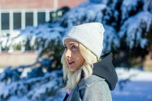 retrato de un mujer en un parque, retrato de un mujer en invierno parque, retrato de un rubia mujer, mujer en sombrero foto